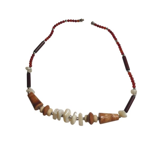 Unique Handmade Natural Beaded Necklace Red Wood Shell Vintage Boho Beach Core - Picture 5 of 5